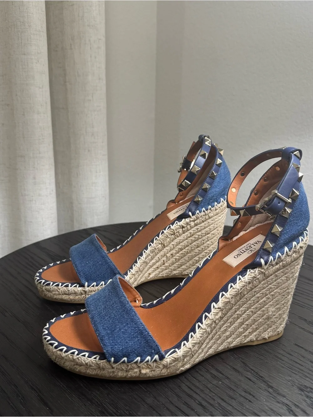 Valentino Garavani Rockstud Espadrille Wedge Sandals Denim Blue 39